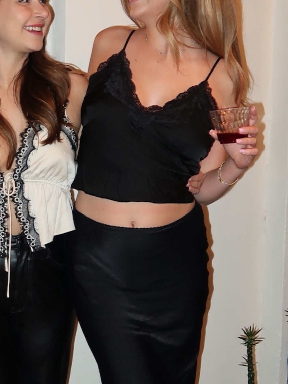 Rumored Black Lace Trim Satin Tank Top